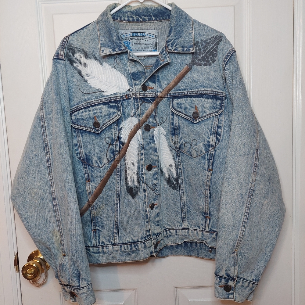 Vintage Hand Painted Native American Belma Light Wash Denim Jacket OOAK Size M